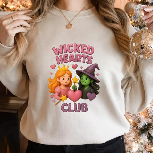 Wicked Hearts Club Sweatshirt | Cute Witch & Princess Emoji Graphic | Cozy Fall Halloween Crewneck | Kawaii Spooky Season Sweater