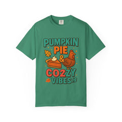 Pumpkin Pie & Cozy Vibes T-Shirt | Thanksgiving Fall Shirt | Cute Turkey Event Top | Autumn Comfort Tee | Holiday Foodie Gift Unisex
