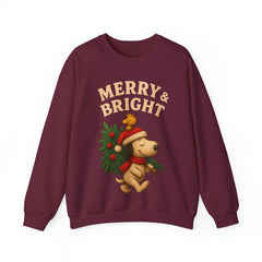 Merry & Bright Christmas Dog Sweatshirt - Cute Holiday Puppy Shirt - Vintage Christmas Tree Design - Cozy Winter Family Xmas Sweater