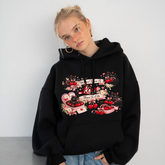 Love & Cats Valentine Hoodie — Black Kittens with Hearts and Cherries