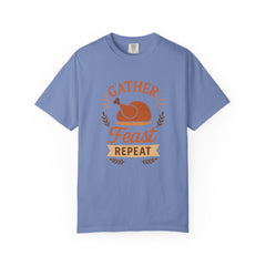 Gather Feast Repeat Thanksgiving T-Shirt Funny Turkey Dinner Shirt Fall Holiday Family Matching Outfit Autumn Feast Graphic Tee Gift