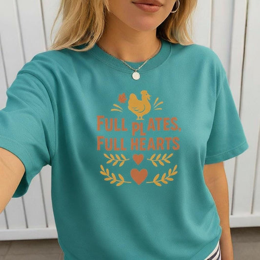 Full Plates Full Hearts Thanksgiving Shirt - Fall Turkey Graphic Tee - Autumn Family Dinner Shirt - Holiday Feast T-Shirt - Cozy Fall Outfit