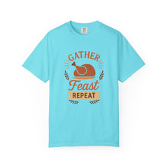 Gather Feast Repeat Thanksgiving T-Shirt Funny Turkey Dinner Shirt Fall Holiday Family Matching Outfit Autumn Feast Graphic Tee Gift