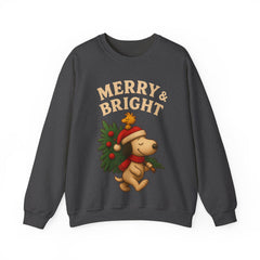 Merry & Bright Christmas Dog Sweatshirt - Cute Holiday Puppy Shirt - Vintage Christmas Tree Design - Cozy Winter Family Xmas Sweater