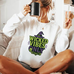 Wicked Vibes Only Sweatshirt | Cute Witch Hat & Skull Graphic | Halloween Cozy Pullover | Spooky Season Crewneck | Fall Witchy Vibes