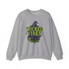 Wicked Vibes Only Sweatshirt | Cute Witch Hat & Skull Graphic | Halloween Cozy Pullover | Spooky Season Crewneck | Fall Witchy Vibes