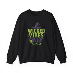 Wicked Vibes Only Sweatshirt | Cute Witch Hat & Skull Graphic | Halloween Cozy Pullover | Spooky Season Crewneck | Fall Witchy Vibes