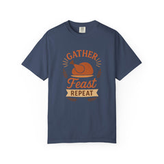 Gather Feast Repeat Thanksgiving T-Shirt Funny Turkey Dinner Shirt Fall Holiday Family Matching Outfit Autumn Feast Graphic Tee Gift