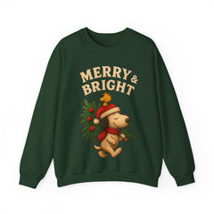 Merry & Bright Christmas Dog Sweatshirt - Cute Holiday Puppy Shirt - Vintage Christmas Tree Design - Cozy Winter Family Xmas Sweater
