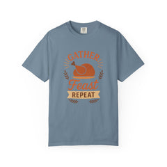 Gather Feast Repeat Thanksgiving T-Shirt Funny Turkey Dinner Shirt Fall Holiday Family Matching Outfit Autumn Feast Graphic Tee Gift