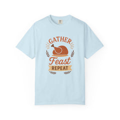 Gather Feast Repeat Thanksgiving T-Shirt Funny Turkey Dinner Shirt Fall Holiday Family Matching Outfit Autumn Feast Graphic Tee Gift