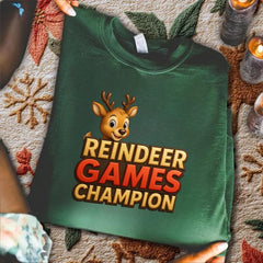 Reindeer Games Champion Sweatshirt, Cute Deer Crewneck, Christmas Holiday Sweater, Festive Season Gift for Her, Cute Xmas Jumper