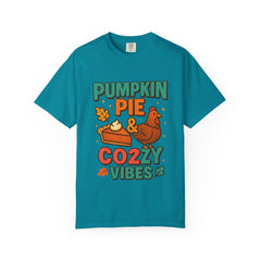 Pumpkin Pie & Cozy Vibes T-Shirt | Thanksgiving Fall Shirt | Cute Turkey Event Top | Autumn Comfort Tee | Holiday Foodie Gift Unisex