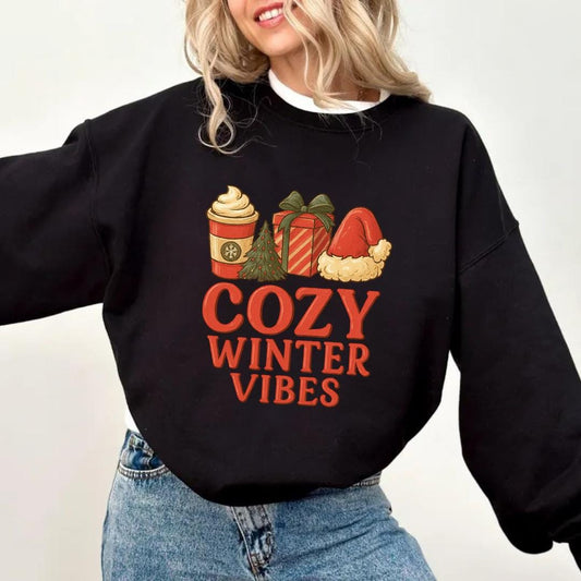 Cozy Winter Vibes Sweatshirt, Aesthetic Holiday Crewneck, Christmas Coffee Sweater, Festive Season Gift for Her, Cute Xmas Jumper