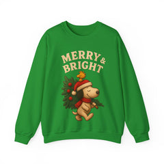 Merry & Bright Christmas Dog Sweatshirt - Cute Holiday Puppy Shirt - Vintage Christmas Tree Design - Cozy Winter Family Xmas Sweater