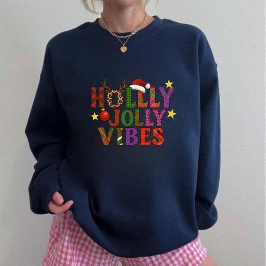 Holly Jolly Vibes Sweatshirt | Fun Leopard Plaid Christmas Crewneck | Holiday Party Sweater | Women's Festive Winter Jumper | Gift for Her