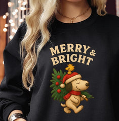 Merry & Bright Christmas Dog Sweatshirt - Cute Holiday Puppy Shirt - Vintage Christmas Tree Design - Cozy Winter Family Xmas Sweater