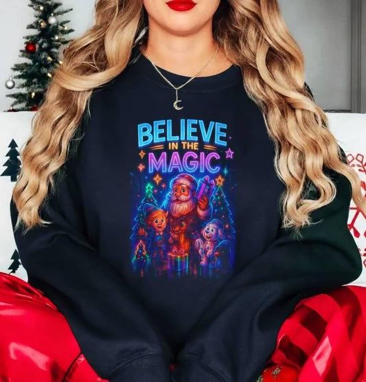 Cyberpunk Christmas Sweatshirt | Believe in the Magic Neon Xmas Shirt | Futuristic Santa Holiday Gift | Glow Lights Christmas Pullover