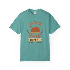 Gather Feast Repeat Thanksgiving T-Shirt Funny Turkey Dinner Shirt Fall Holiday Family Matching Outfit Autumn Feast Graphic Tee Gift
