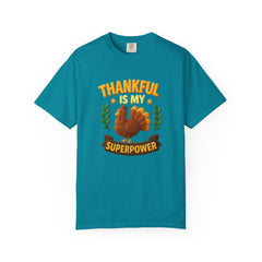 Thankful Is My Superpower Turkey T-Shirt | Cute Thanksgiving Tee | Fall Gratitude Shirt | Holiday Turkey Graphic | Autumn Family Gift Unisex