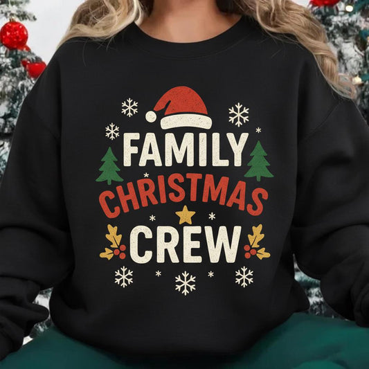 Family Christmas Crew Sweatshirt | Santa Hat Trees Snowflakes | Matching Holiday Outfit | Festive Xmas Crewneck | Cozy Winter Sweater