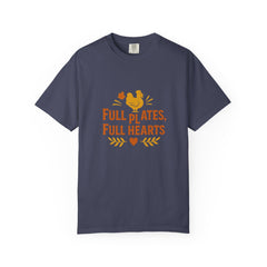 Full Plates Full Hearts Thanksgiving Shirt - Fall Turkey Graphic Tee - Autumn Family Dinner Shirt - Holiday Feast T-Shirt - Cozy Fall Outfit