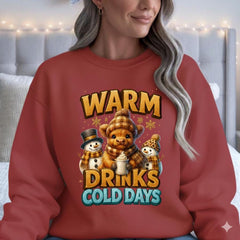 Warm Drinks Cold Days Sweatshirt | Teddy Bear & Snowman Winter Design