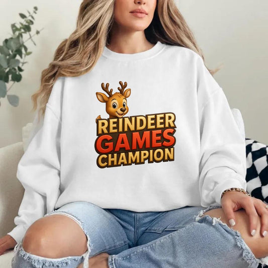 Reindeer Games Champion Sweatshirt, Cute Deer Crewneck, Christmas Holiday Sweater, Festive Season Gift for Her, Cute Xmas Jumper