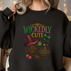 Wickedly Cute Witchy Sweatshirt | Vintage Halloween Aesthetic | Witch Hat Broom Bow Stars | Cozy Fall Spooky Season Crewneck Unisex