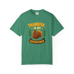 Thankful Is My Superpower Turkey T-Shirt | Cute Thanksgiving Tee | Fall Gratitude Shirt | Holiday Turkey Graphic | Autumn Family Gift Unisex