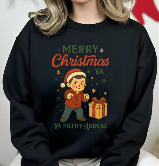 Merry Christmas Ya Filthy Animal Sweatshirt | Funny Christmas Shirt | Retro Holiday Graphic Pullover | Cozy Xmas Gift for Her or Him