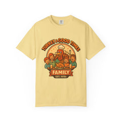 Turkey & Good Times Family T-Shirt | Vintage Thanksgiving Cartoon Turkey | Holiday Dinner Tee | Funny Fall Family Shirt | Turkey Day Graphic