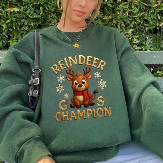 Reindeer Games Champion Sweatshirt, Cute Deer Crewneck, Christmas Holiday Sweater, Festive Season Gift for Her, Cute Xmas Jumper - Unisex
