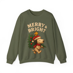 Merry & Bright Christmas Dog Sweatshirt - Cute Holiday Puppy Shirt - Vintage Christmas Tree Design - Cozy Winter Family Xmas Sweater