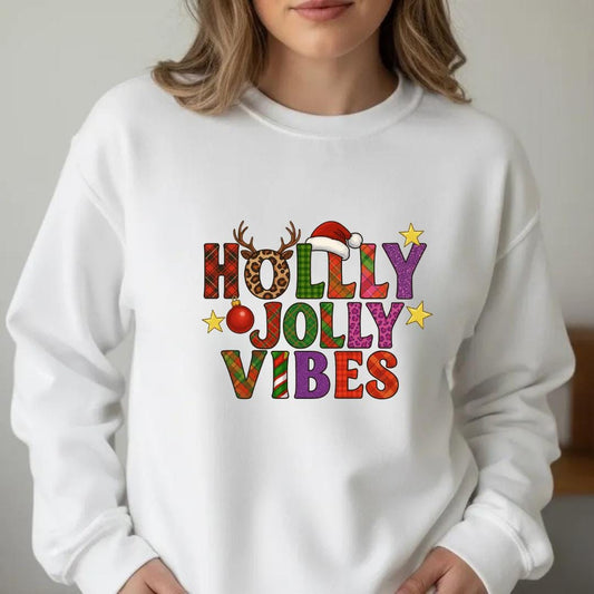 Holly Jolly Vibes Sweatshirt | Fun Leopard Plaid Christmas Crewneck | Holiday Party Sweater | Women's Festive Winter Jumper | Gift for Her