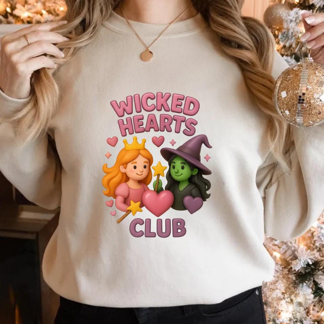 Wicked Hearts Club Sweatshirt | Cute Witch & Princess Emoji Graphic | Cozy Fall Halloween Crewneck | Kawaii Spooky Season Sweater