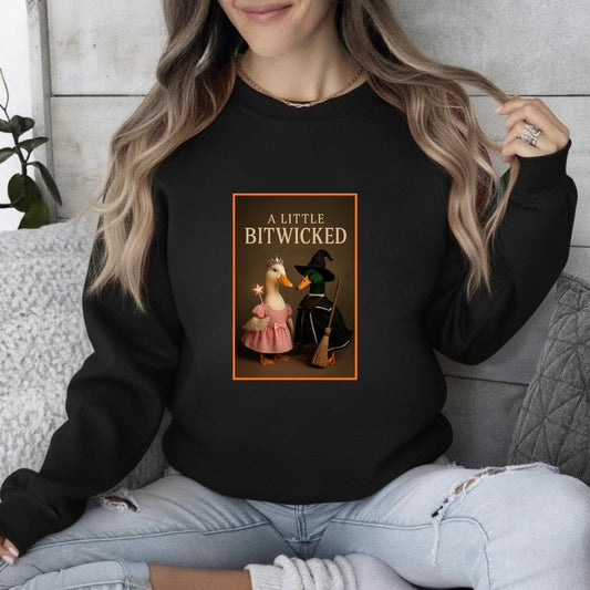 A Little Wicked Bitwicked Sweatshirt | Cute Duck Witch & Princess Duck Design | Funny Halloween Crewneck | Spooky Cute Fall Animal Sweater