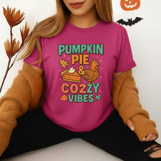 Pumpkin Pie & Cozy Vibes T-Shirt | Thanksgiving Fall Shirt | Cute Turkey Event Top | Autumn Comfort Tee | Holiday Foodie Gift Unisex