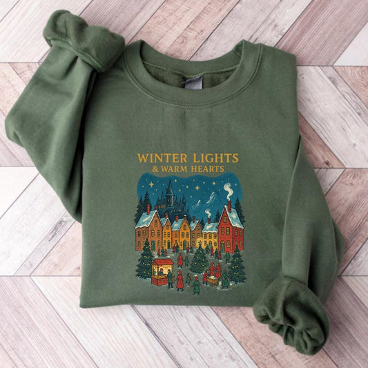 Winter Lights & Warm Hearts Wizard Castle Sweatshirt | Christmas Cottagecore Holiday Crewneck