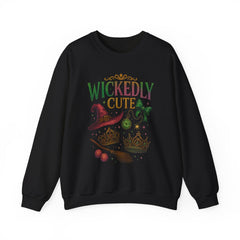 Wickedly Cute Witchy Sweatshirt | Vintage Halloween Aesthetic | Witch Hat Broom Bow Stars | Cozy Fall Spooky Season Crewneck Unisex