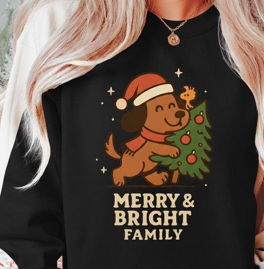 Merry & Bright Dog Christmas Sweatshirt, Holiday Puppy Crewneck, Funny Dog Mom Gift, Family Matching Xmas Sweater, Pet Lover Gift
