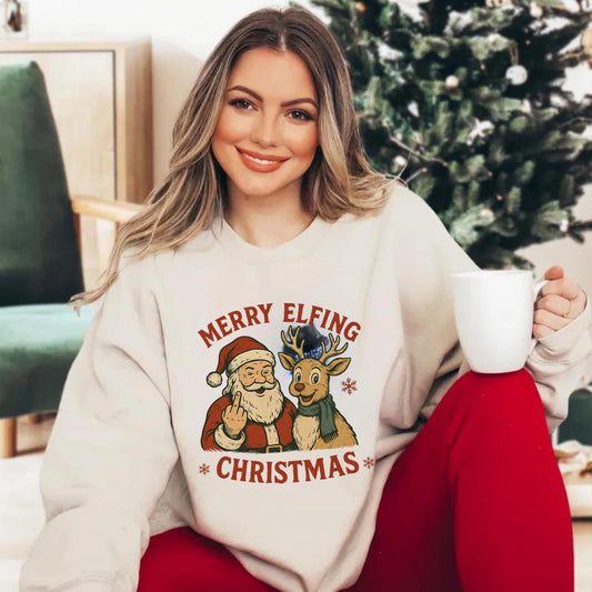 Funny Santa Middle Finger Sweatshirt, Merry Elfing Christmas Sweater, Offensive Christmas Gift, Black Holiday Crewneck Unisex Chrismast