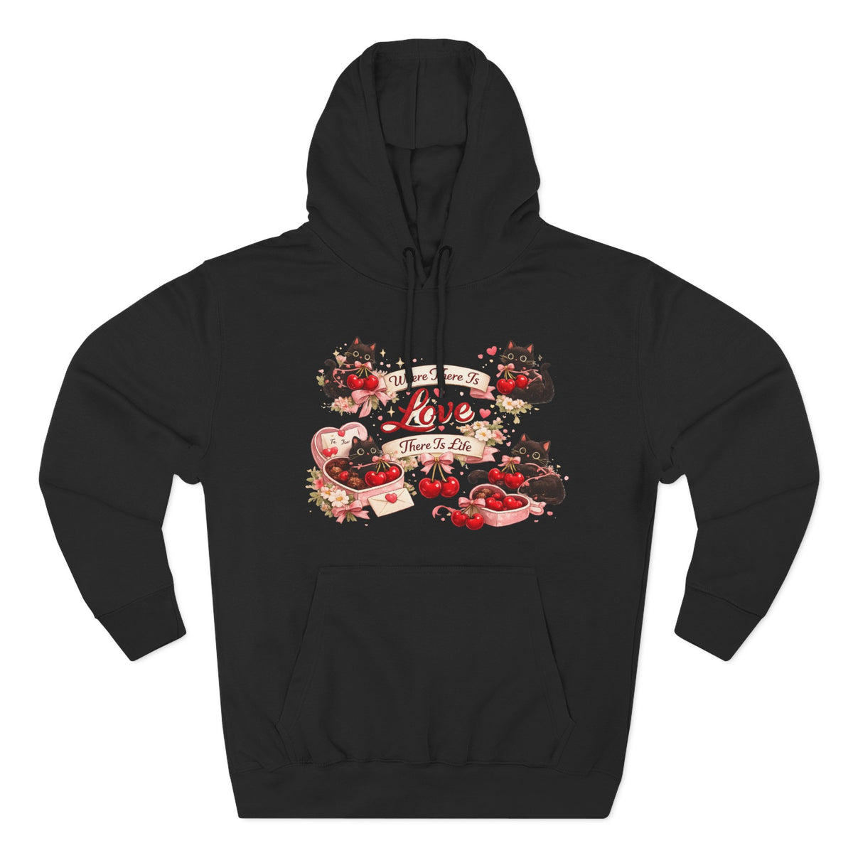 Love & Cats Valentine Hoodie — Black Kittens with Hearts and Cherries