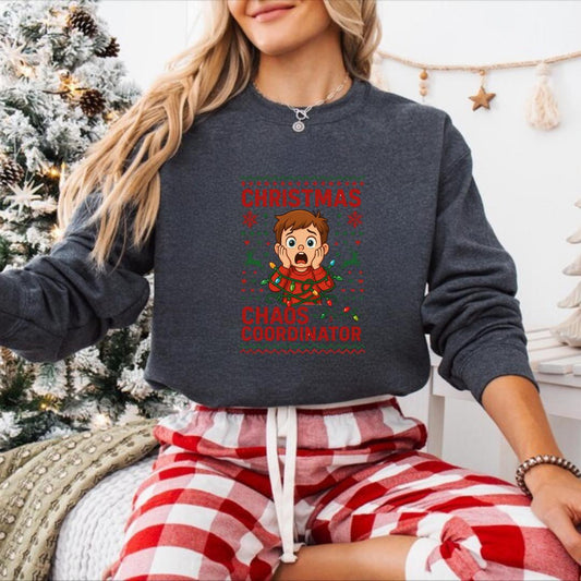 Christmas Chaos Coordinator Sweatshirt, Funny Ugly Sweater Style Crewneck | Holiday Host Gift | Mom Dad Family Xmas Jumper, Festive Pullover