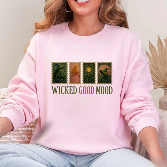 Wicked Good Mood Sweatshirt | Witch & Princess Stamp Graphic | Spooky Cute Halloween Crewneck | Cozy Fall Aesthetic Sweater
