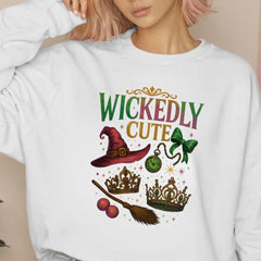 Wickedly Cute Witchy Sweatshirt | Vintage Halloween Aesthetic | Witch Hat Broom Bow Stars | Cozy Fall Spooky Season Crewneck Unisex