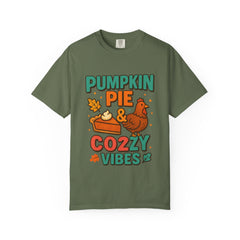 Pumpkin Pie & Cozy Vibes T-Shirt | Thanksgiving Fall Shirt | Cute Turkey Event Top | Autumn Comfort Tee | Holiday Foodie Gift Unisex