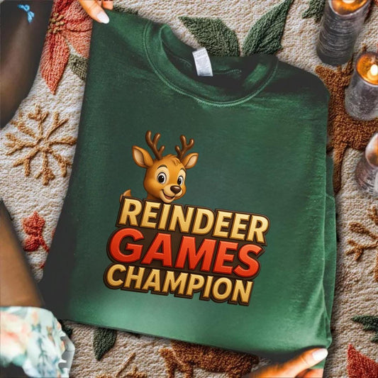 Reindeer Games Champion Sweatshirt, Cute Deer Crewneck, Christmas Holiday Sweater, Festive Season Gift for Her, Cute Xmas Jumper
