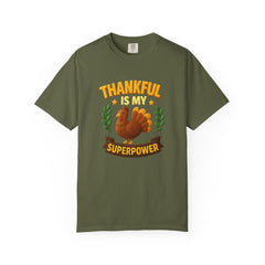 Thankful Is My Superpower Turkey T-Shirt | Cute Thanksgiving Tee | Fall Gratitude Shirt | Holiday Turkey Graphic | Autumn Family Gift Unisex