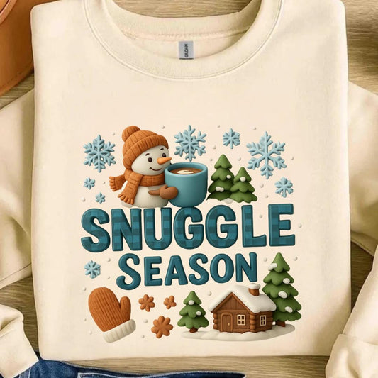 Snuggle Season Sweatshirt, 3D Snowman Hot Cocoa Sweater, Clay Art Winter Crewneck, Cozy Cabin Holiday Gift for Her